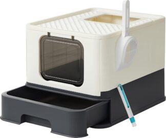 Kattenbak - kattentoilet met deksel - 50x40x34 cm - uittrekbare lade - katten tot 15 kg - met accessoires - beige-zwart - PPT001W01