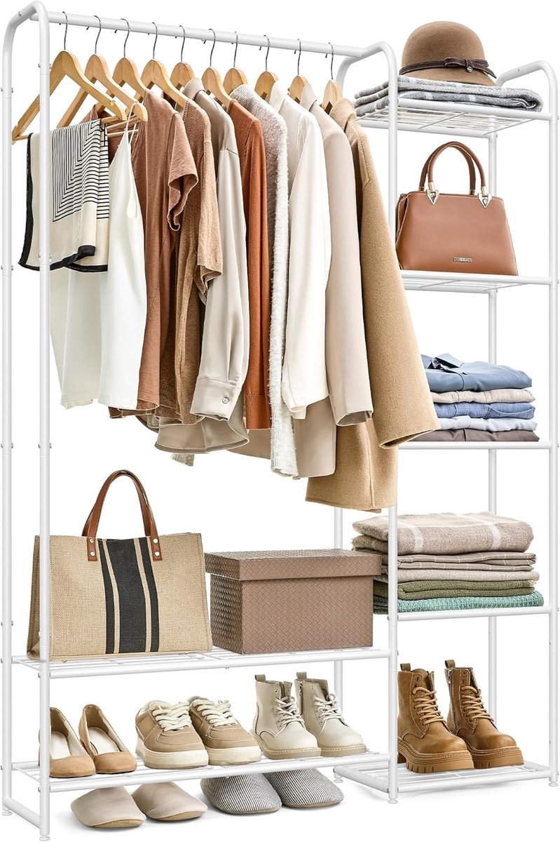 Kledingrek - open Ggarderobekast / kledingkast - hoogte 158 cm - met planken en stang - vrijstaand - wit - lgr462w01