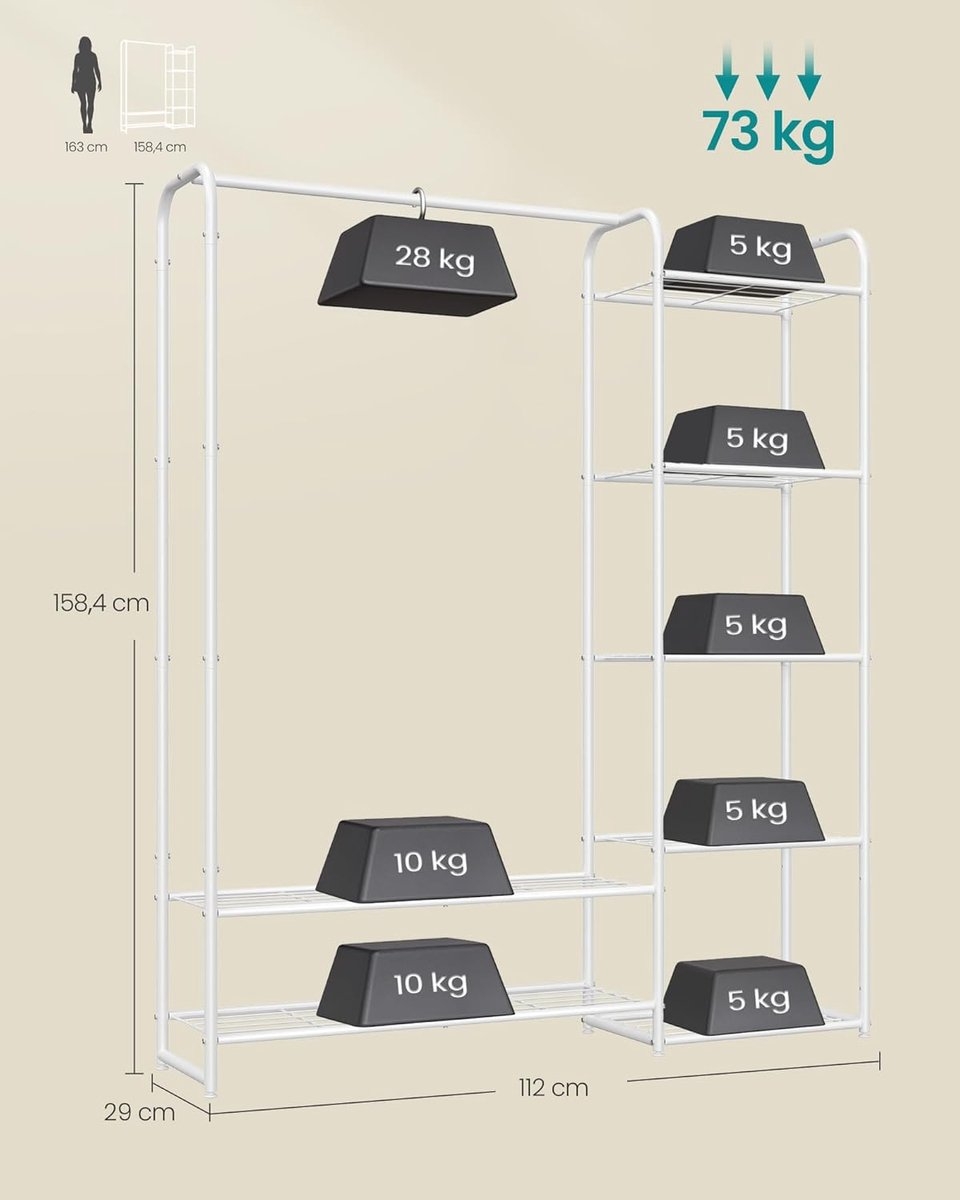 Kledingrek - open Ggarderobekast / kledingkast - hoogte 158 cm - met planken en stang - vrijstaand - wit - lgr462w01 - Afbeelding 2