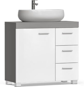Badkamerkast voor wastafel - wastafelonderkast 30 x 70 x 64 cm - 3 lades zijkant - 2 compartimenten - met poten - grijs met wit - BBK503T49