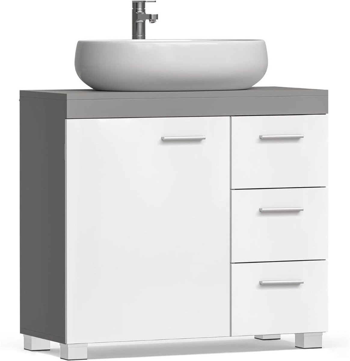 Badkamerkast voor wastafel - wastafelonderkast 30 x 70 x 64 cm - 3 lades zijkant - 2 compartimenten - met poten - grijs met wit - BBK503T49