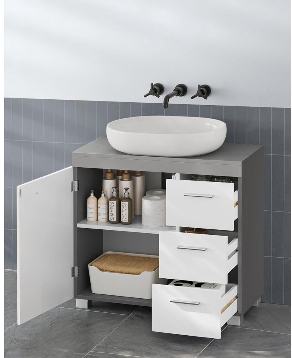 Badkamerkast voor wastafel - wastafelonderkast 30 x 70 x 64 cm - 3 lades zijkant - 2 compartimenten - met poten - grijs met wit - BBK503T49 - Afbeelding 2