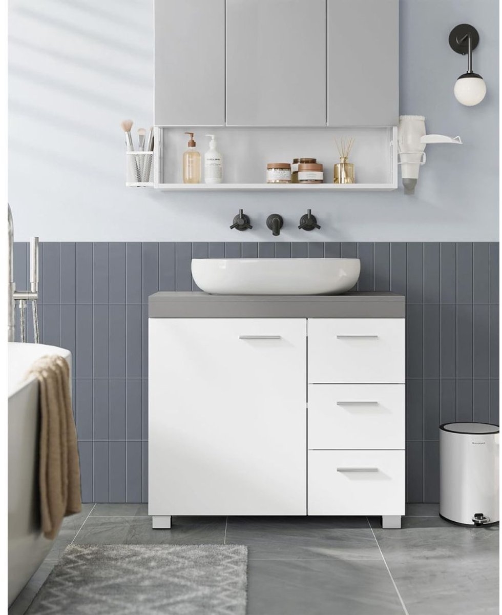 Badkamerkast voor wastafel - wastafelonderkast 30 x 70 x 64 cm - 3 lades zijkant - 2 compartimenten - met poten - grijs met wit - BBK503T49 - Afbeelding 3