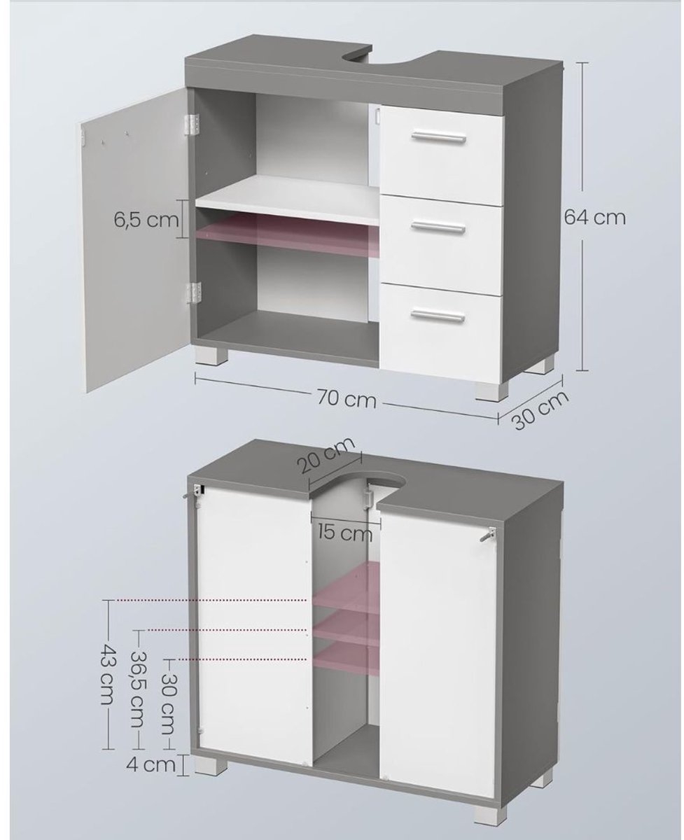 Badkamerkast voor wastafel - wastafelonderkast 30 x 70 x 64 cm - 3 lades zijkant - 2 compartimenten - met poten - grijs met wit - BBK503T49 - Afbeelding 4