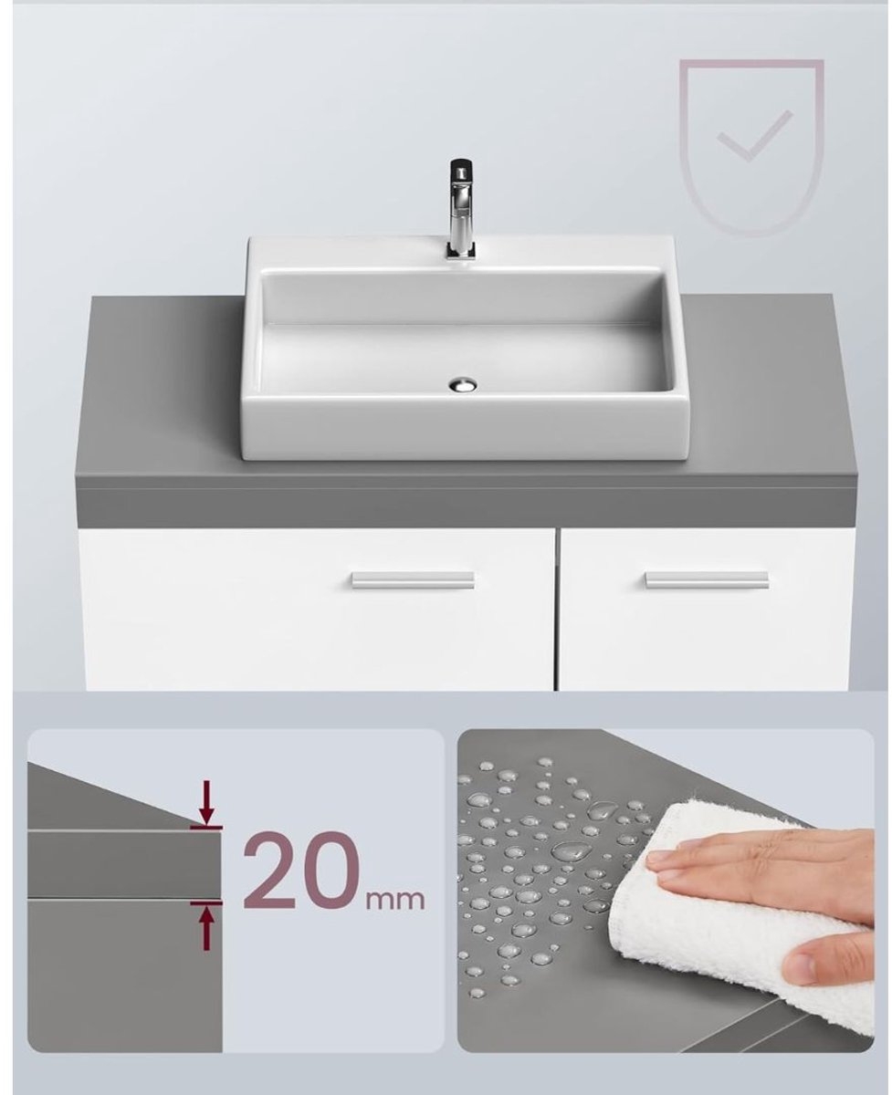 Badkamerkast voor wastafel - wastafelonderkast 30 x 70 x 64 cm - 3 lades zijkant - 2 compartimenten - met poten - grijs met wit - BBK503T49 - Afbeelding 5