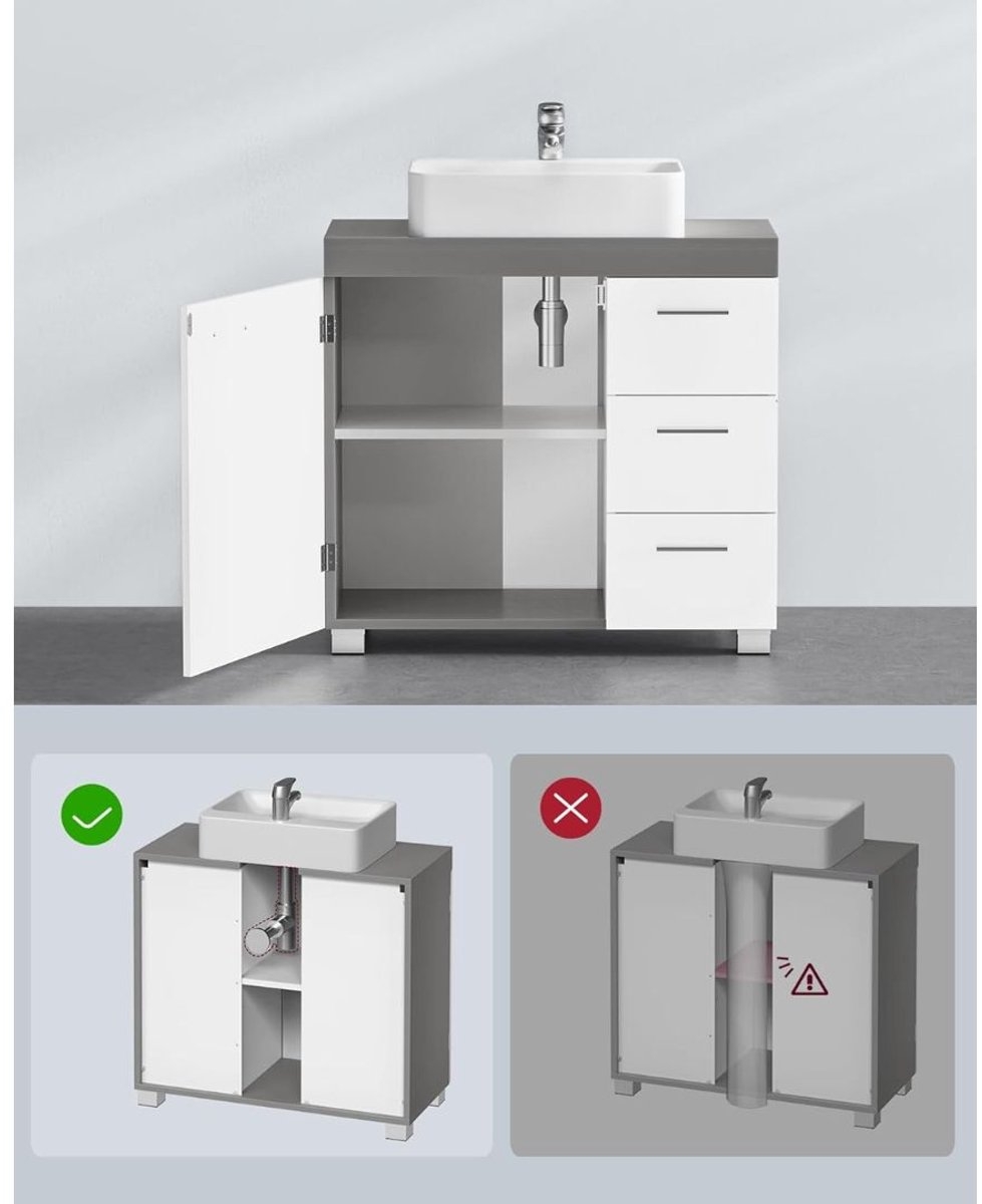 Badkamerkast voor wastafel - wastafelonderkast 30 x 70 x 64 cm - 3 lades zijkant - 2 compartimenten - met poten - grijs met wit - BBK503T49 - Afbeelding 6