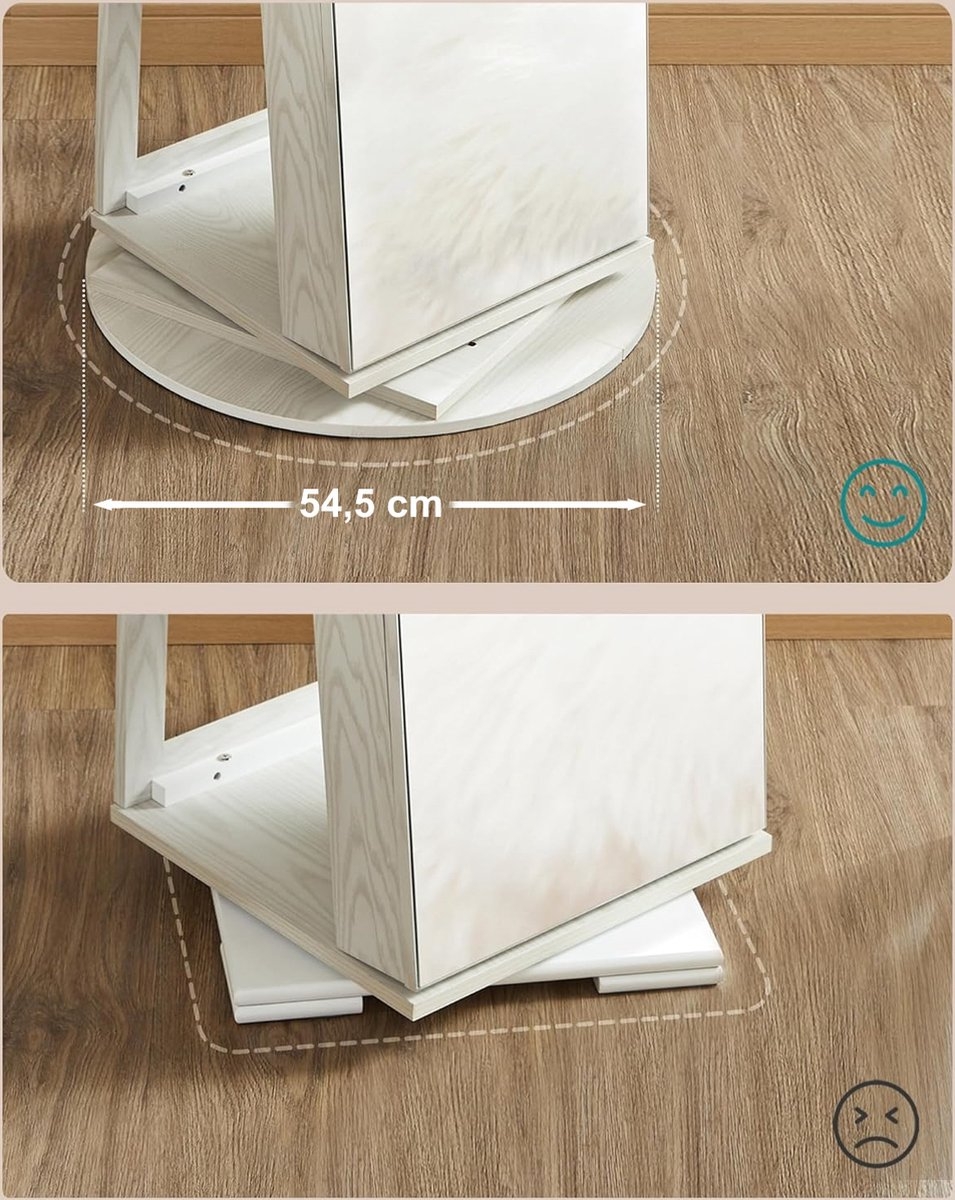 Juwelenkast - sieradenkast - 155 cm hoog - met spiegel - 360° draaibare, frameloze sieradenkast - afsluitbaar - met 6 LED's - wit - JJC007W01 - Afbeelding 2