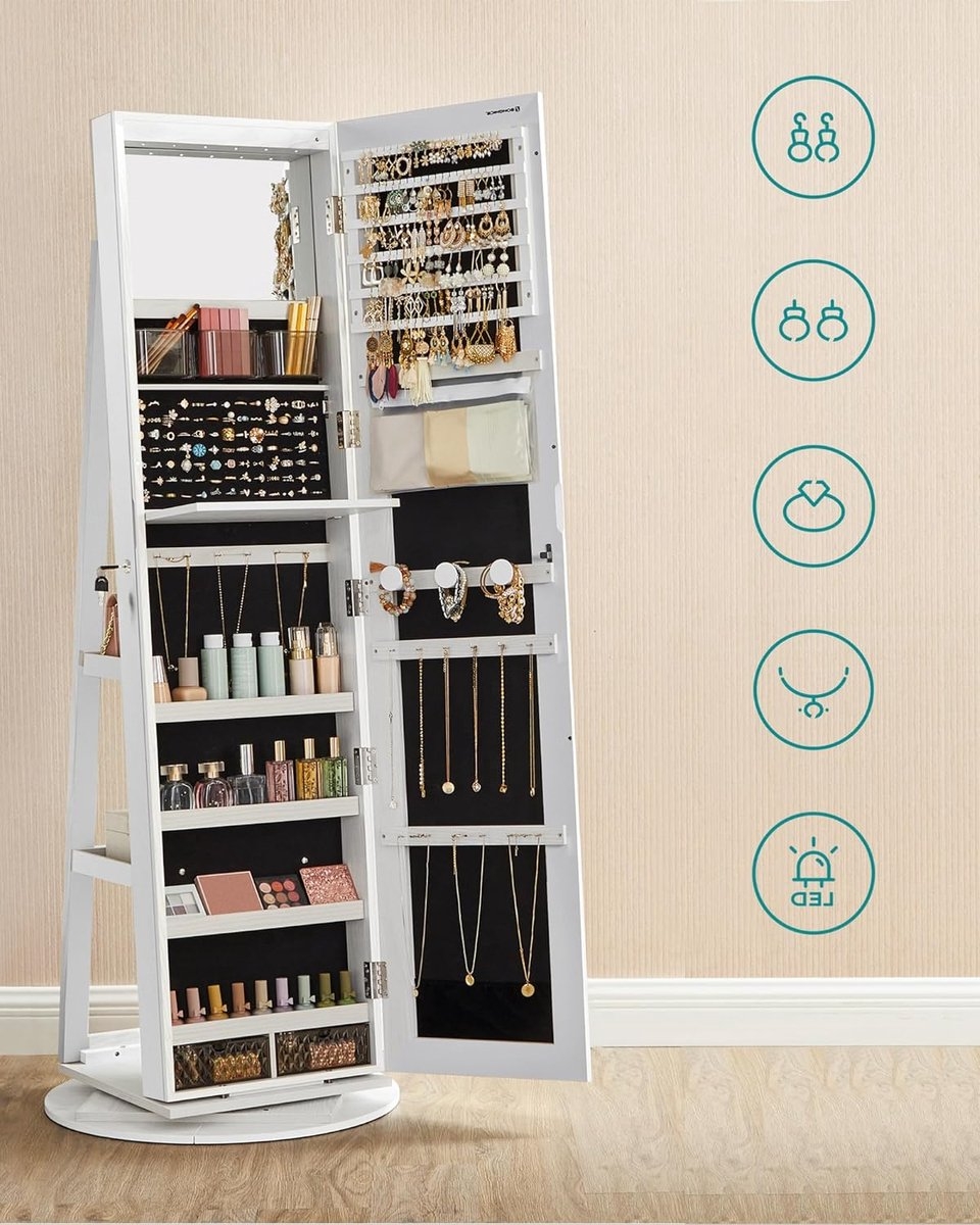 Juwelenkast - sieradenkast - 155 cm hoog - met spiegel - 360° draaibare, frameloze sieradenkast - afsluitbaar - met 6 LED's - wit - JJC007W01 - Afbeelding 4
