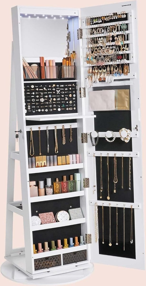 Juwelenkast - sieradenkast - 155 cm hoog - met spiegel - 360° draaibare, frameloze sieradenkast - afsluitbaar - met 6 LED's - wit - JJC007W01 - Afbeelding 5