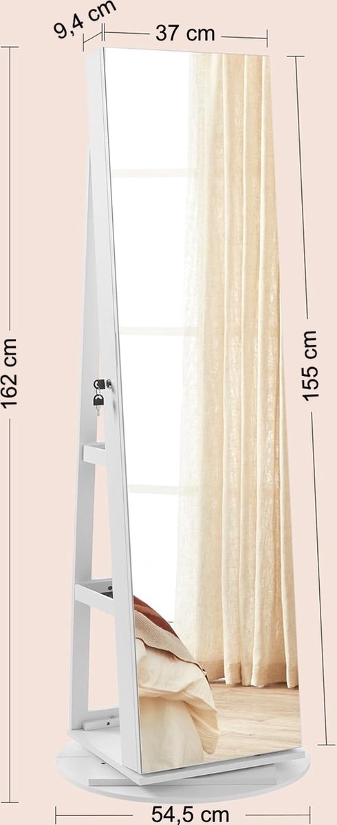 Juwelenkast - sieradenkast - 155 cm hoog - met spiegel - 360° draaibare, frameloze sieradenkast - afsluitbaar - met 6 LED's - wit - JJC007W01 - Afbeelding 7