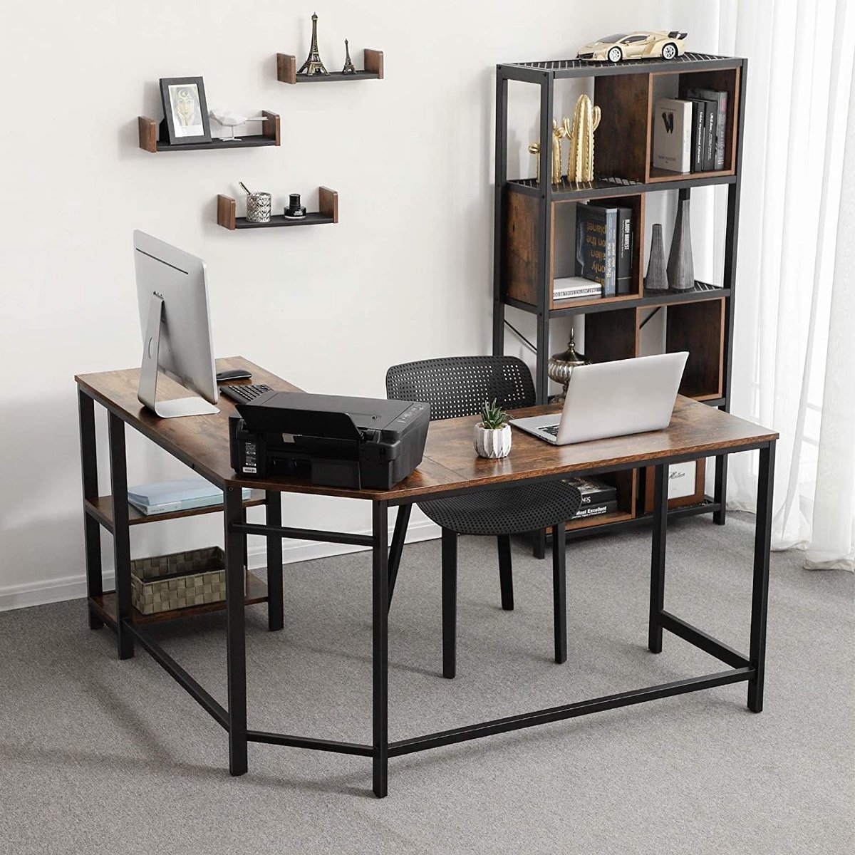Computerbureau - L-vormig hoekbureau - 138x138 cm - werkplek - industrieel, bruin en zwart - LWD72X - Afbeelding 5