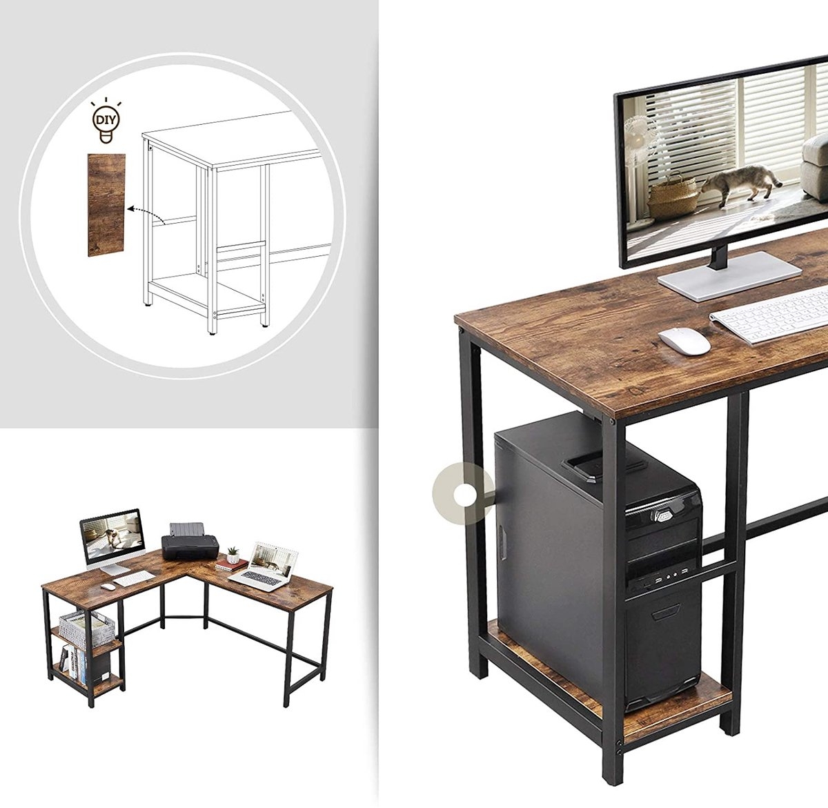 Computerbureau - L-vormig hoekbureau - 138x138 cm - werkplek - industrieel, bruin en zwart - LWD72X - Afbeelding 7