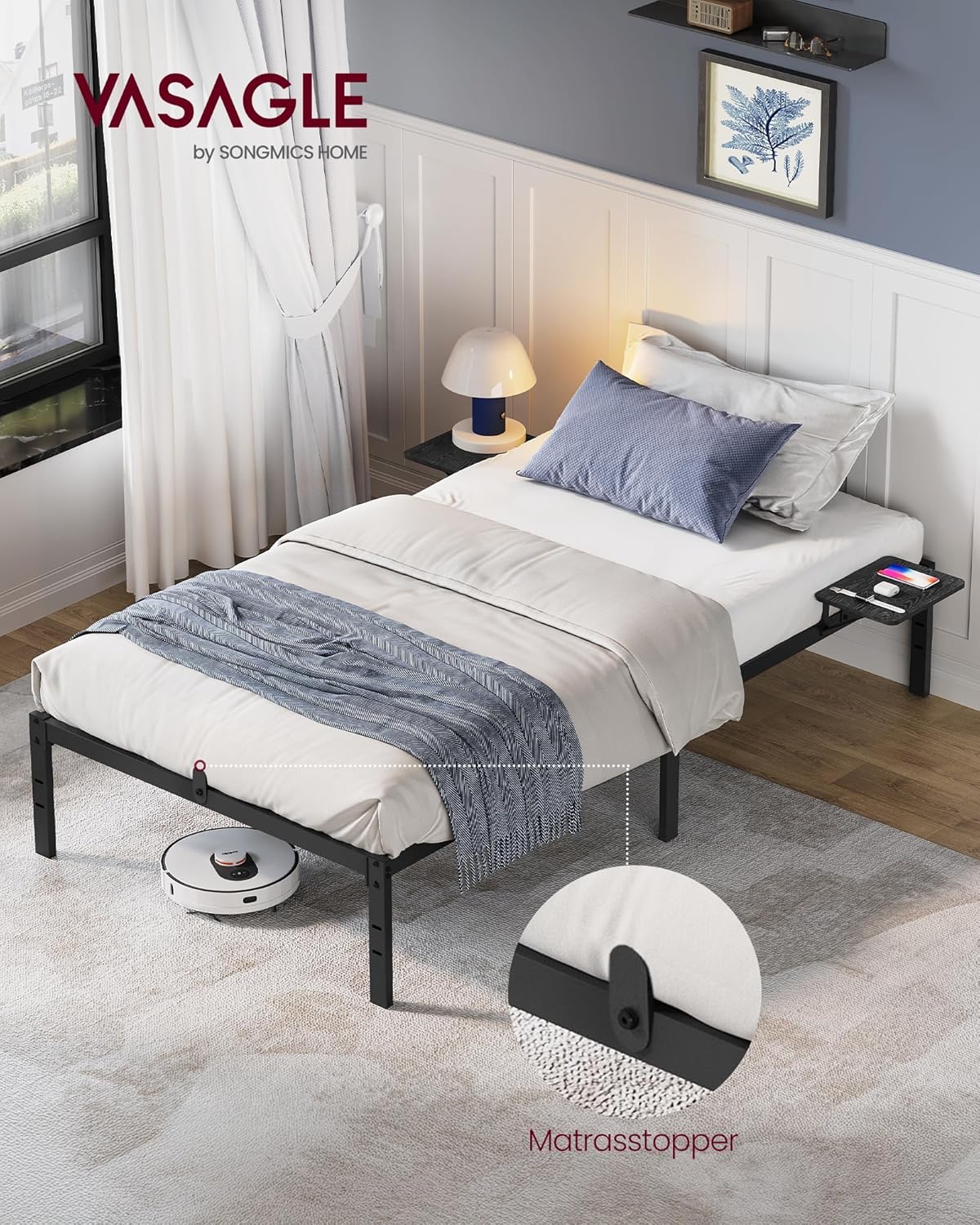 Enkel bedframe - 90 x 200 cm - metaal - zwart - met bodem - RMB092B01 - Afbeelding 2