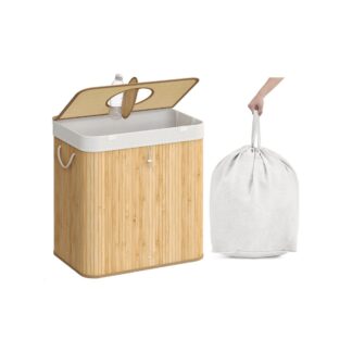 Flessenprullenbak - statiegeldflesverzamelaar - 120 liter - 50,5x40,5x61 cm (LxBxH) met gat en deksel - met uitneembaar zak - bamboe - rrb012y01