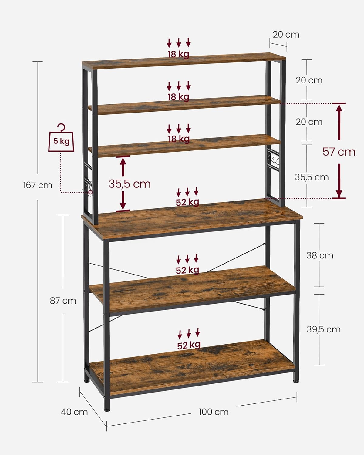 Keukenmeubel - magnetronkast - koffiehoek - hoogte 167 cm - industrieel - 6 haken - bruin met zwart - KKS039K01 - Afbeelding 3