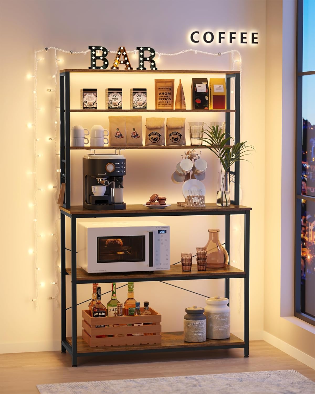 Keukenmeubel - magnetronkast - koffiehoek - hoogte 167 cm - industrieel - 6 haken - bruin met zwart - KKS039K01 - Afbeelding 4