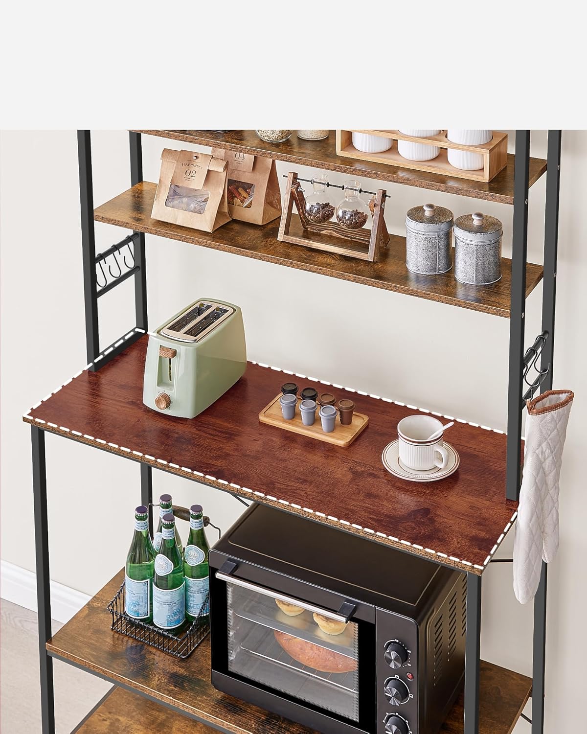 Keukenmeubel - magnetronkast - koffiehoek - hoogte 167 cm - industrieel - 6 haken - bruin met zwart - KKS039K01 - Afbeelding 6