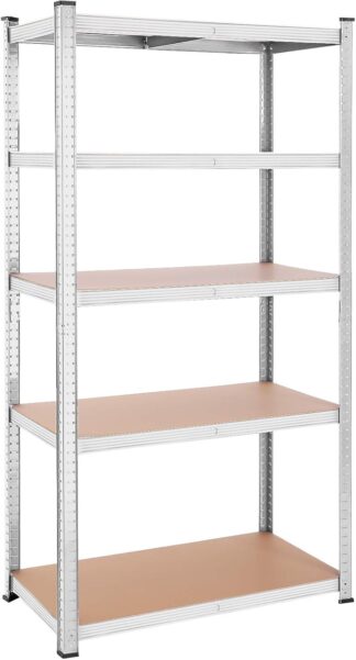 Opbergrek en stellingkast XL - hoogte 200 cm - breedte 100 cm - metaal met MDF legplanken - 5 Planken - max 600 kg - zilverkleurig - glr050e02