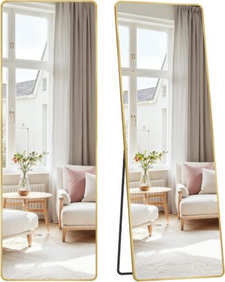 Staande spiegel - 160 cm hoog - volledige lengte spiegel - rechthoekig - aluminium frame en gehard glas - goudkleurig - LFM030A01