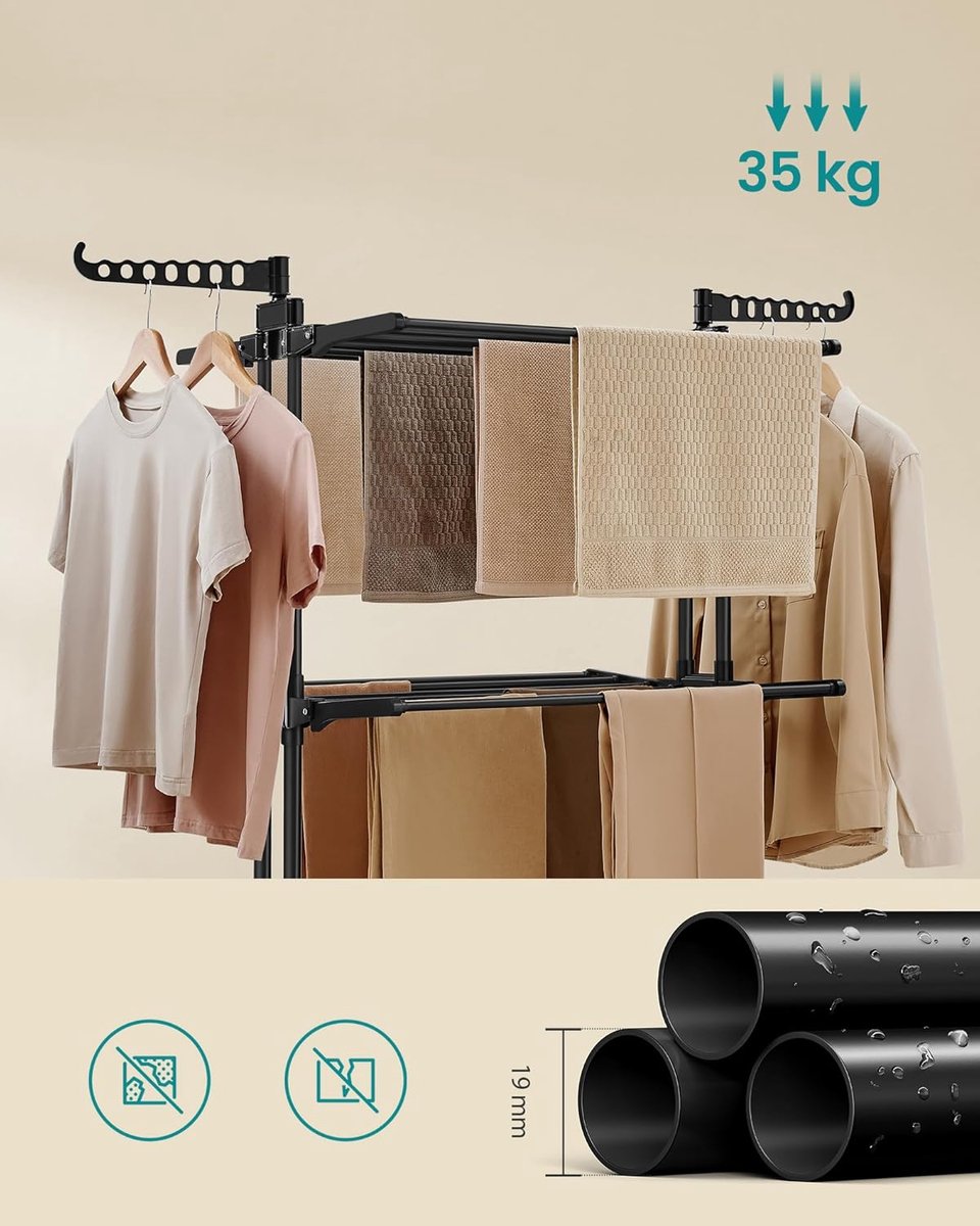 Droogrek, staand droogrek met 4 niveaus - inklapbaar - hoogte 173 cm - met wieltjes - zwart - llr701b01 - Afbeelding 3