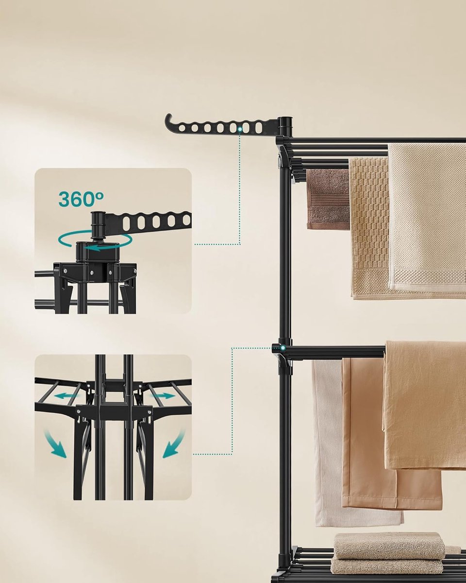 Droogrek, staand droogrek met 4 niveaus - inklapbaar - hoogte 173 cm - met wieltjes - zwart - llr701b01 - Afbeelding 5