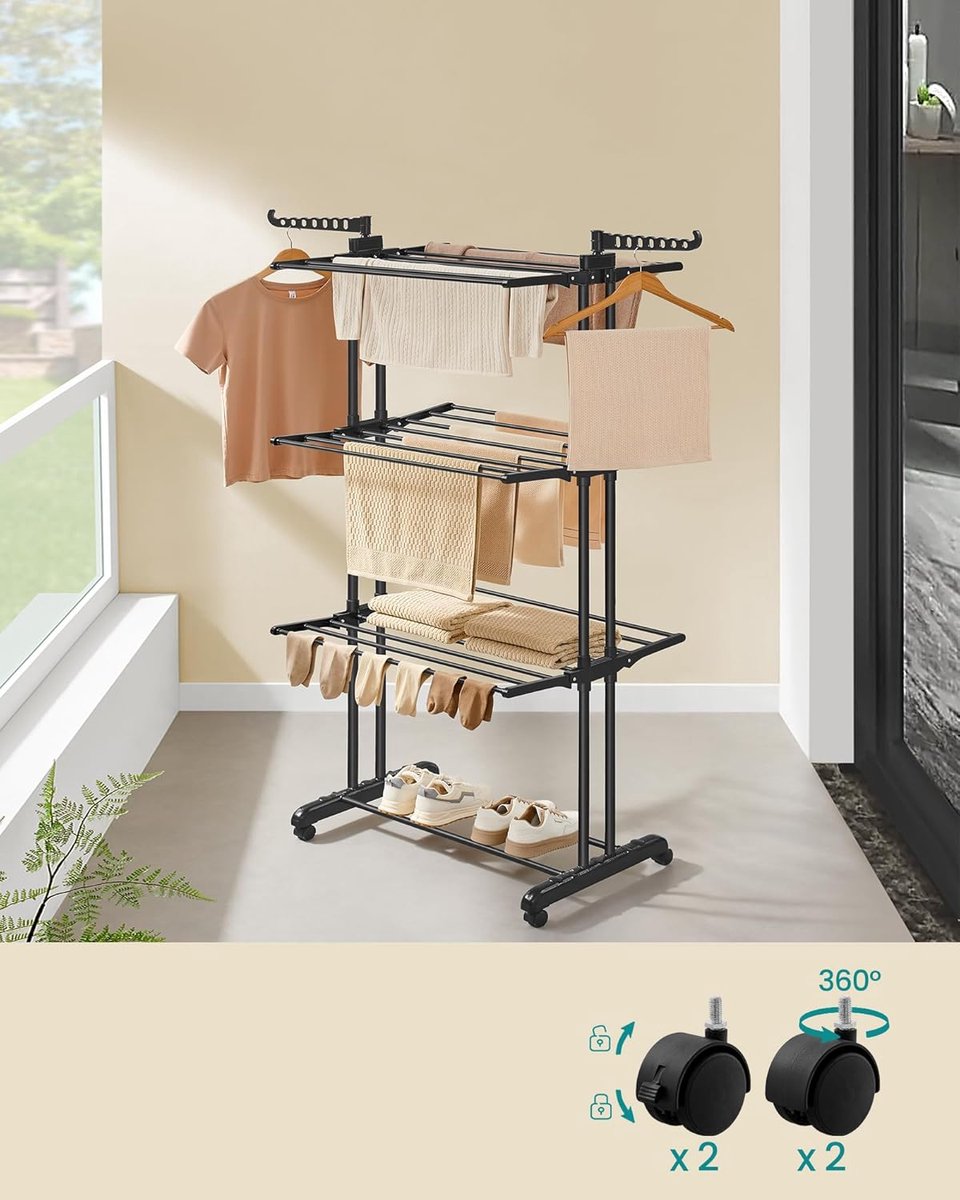 Droogrek, staand droogrek met 4 niveaus - inklapbaar - hoogte 173 cm - met wieltjes - zwart - llr701b01 - Afbeelding 6