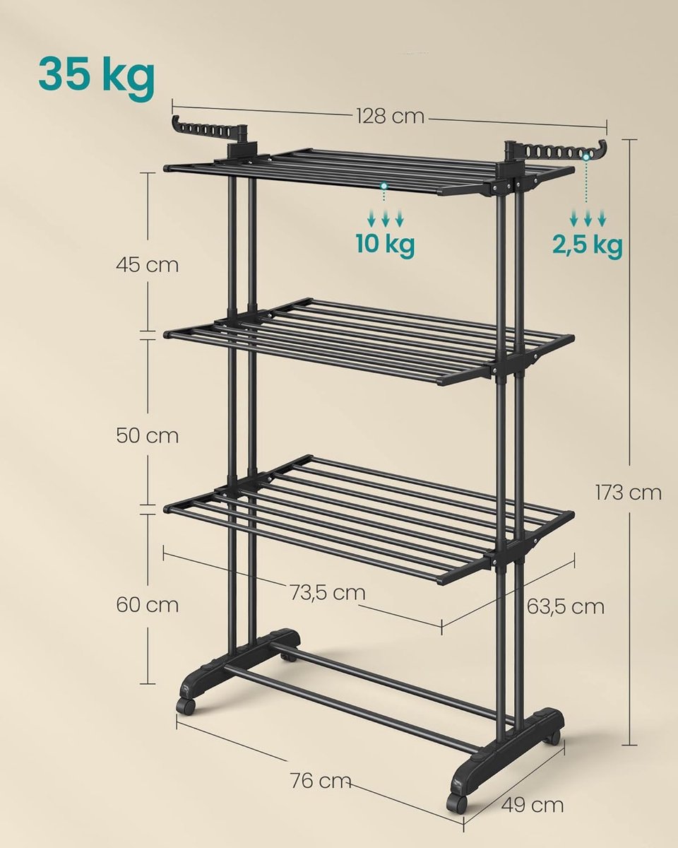 Droogrek, staand droogrek met 4 niveaus - inklapbaar - hoogte 173 cm - met wieltjes - zwart - llr701b01 - Afbeelding 7