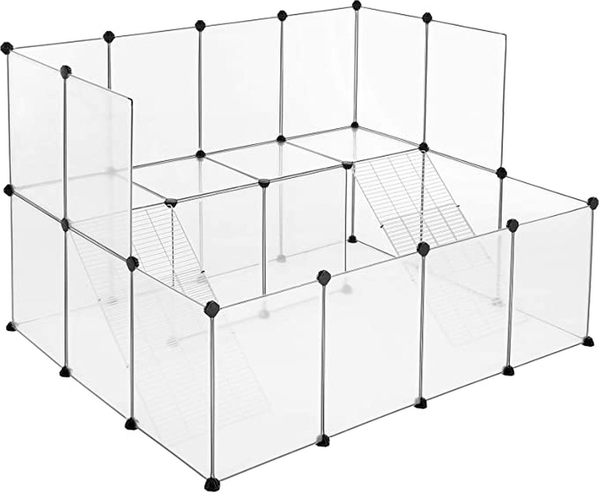 Huisdierkooi - kooi voor kleine dieren - max 143x108 cm - voor muizen cavia en meer - 2 verdiepingen - wit - LPC004W01