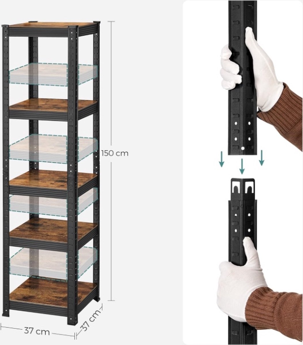 Opbergrek / stellingkast - met 5 planken - hoogte 150 cm - 37 x 37 cm - max 400 kg - GLR037B01 - Afbeelding 4