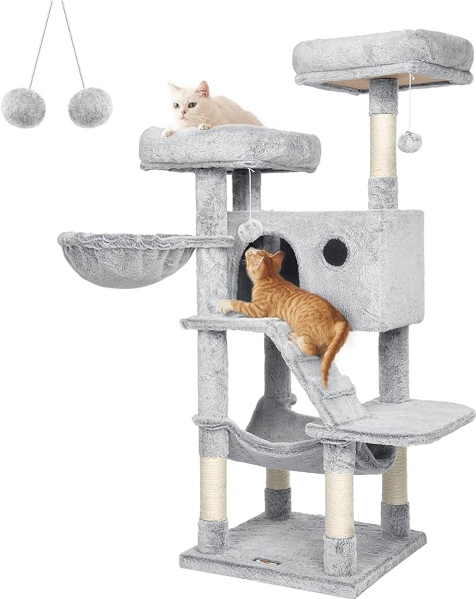 Feandrea - Grote krabpaal - kattenboom - 135 cm hoog - pluche - 8 niveaus = lichtgrijs - PCT162W01