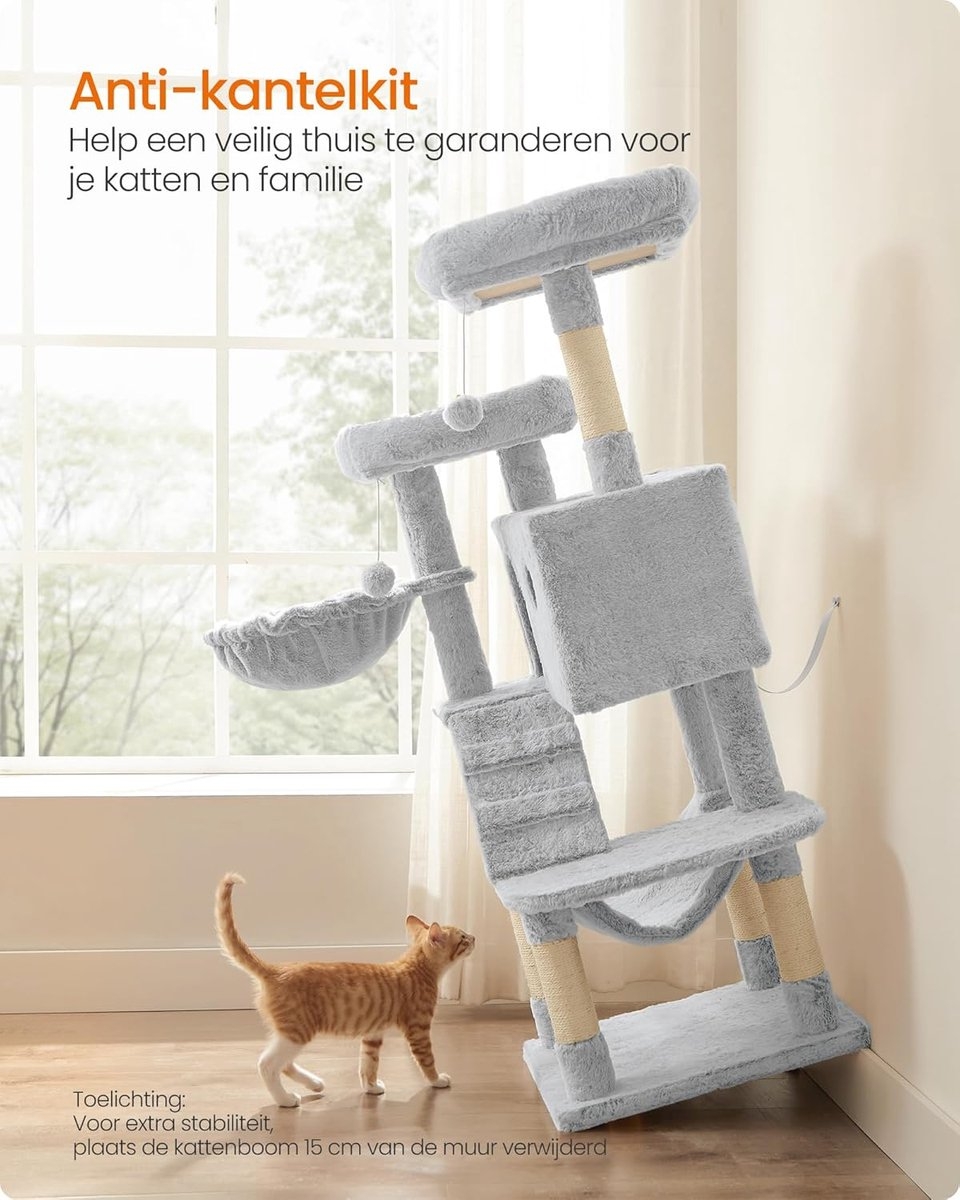 Feandrea - Grote krabpaal - kattenboom - 135 cm hoog - pluche - 8 niveaus = lichtgrijs - PCT162W01 - Afbeelding 3