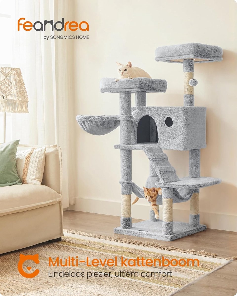 Feandrea - Grote krabpaal - kattenboom - 135 cm hoog - pluche - 8 niveaus = lichtgrijs - PCT162W01 - Afbeelding 4