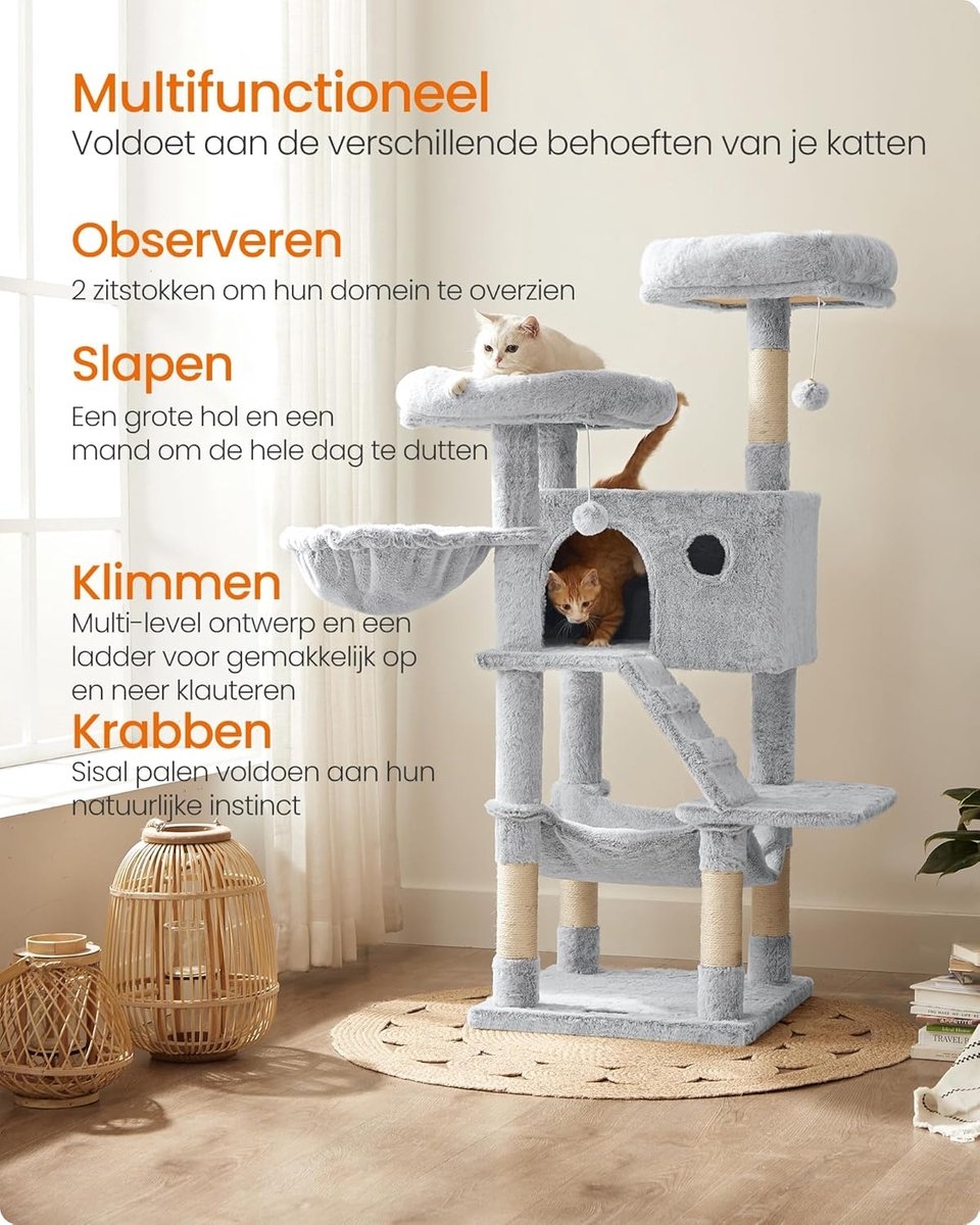 Feandrea - Grote krabpaal - kattenboom - 135 cm hoog - pluche - 8 niveaus = lichtgrijs - PCT162W01 - Afbeelding 5