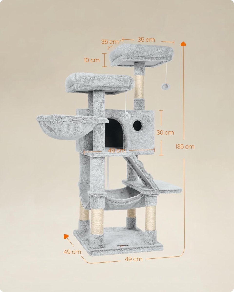 Feandrea - Grote krabpaal - kattenboom - 135 cm hoog - pluche - 8 niveaus = lichtgrijs - PCT162W01 - Afbeelding 7
