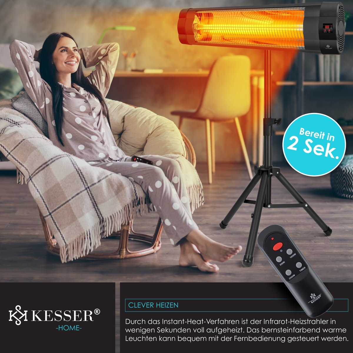 Infraroodstraler - terrasverwarmer - infrarood verwarming - patiostraler - 2500W - met afstandsbediening - zwart - Afbeelding 2