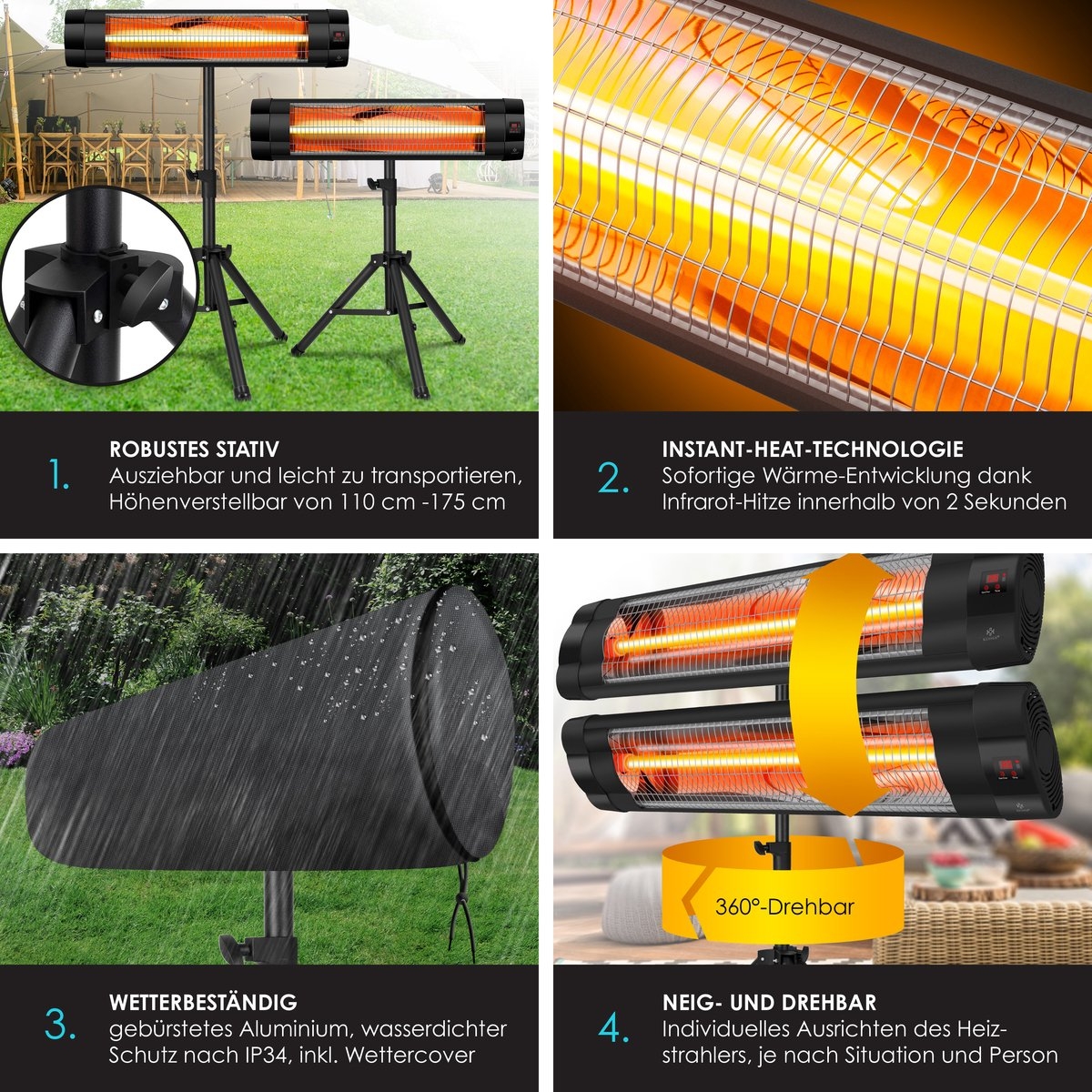 Infraroodstraler - terrasverwarmer - infrarood verwarming - patiostraler - 2500W - met afstandsbediening - zwart - Afbeelding 3