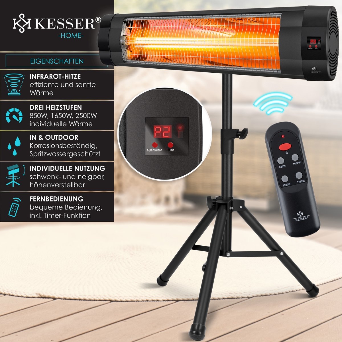 Infraroodstraler - terrasverwarmer - infrarood verwarming - patiostraler - 2500W - met afstandsbediening - zwart - Afbeelding 5