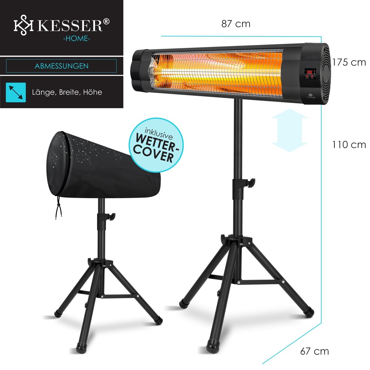 Infraroodstraler - terrasverwarmer - infrarood verwarming - patiostraler - 2500W - met afstandsbediening - zwart - Afbeelding 6