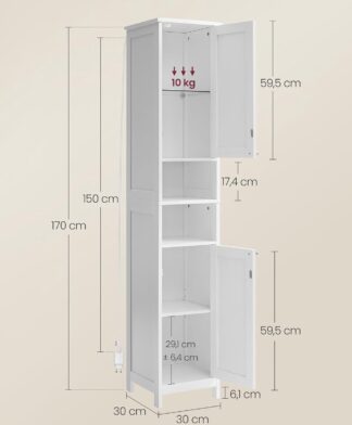 Badkamerkast met LED verlichting - hoogte 170 cm - opbergkast met verstelbare planken -wit - BBC566W03