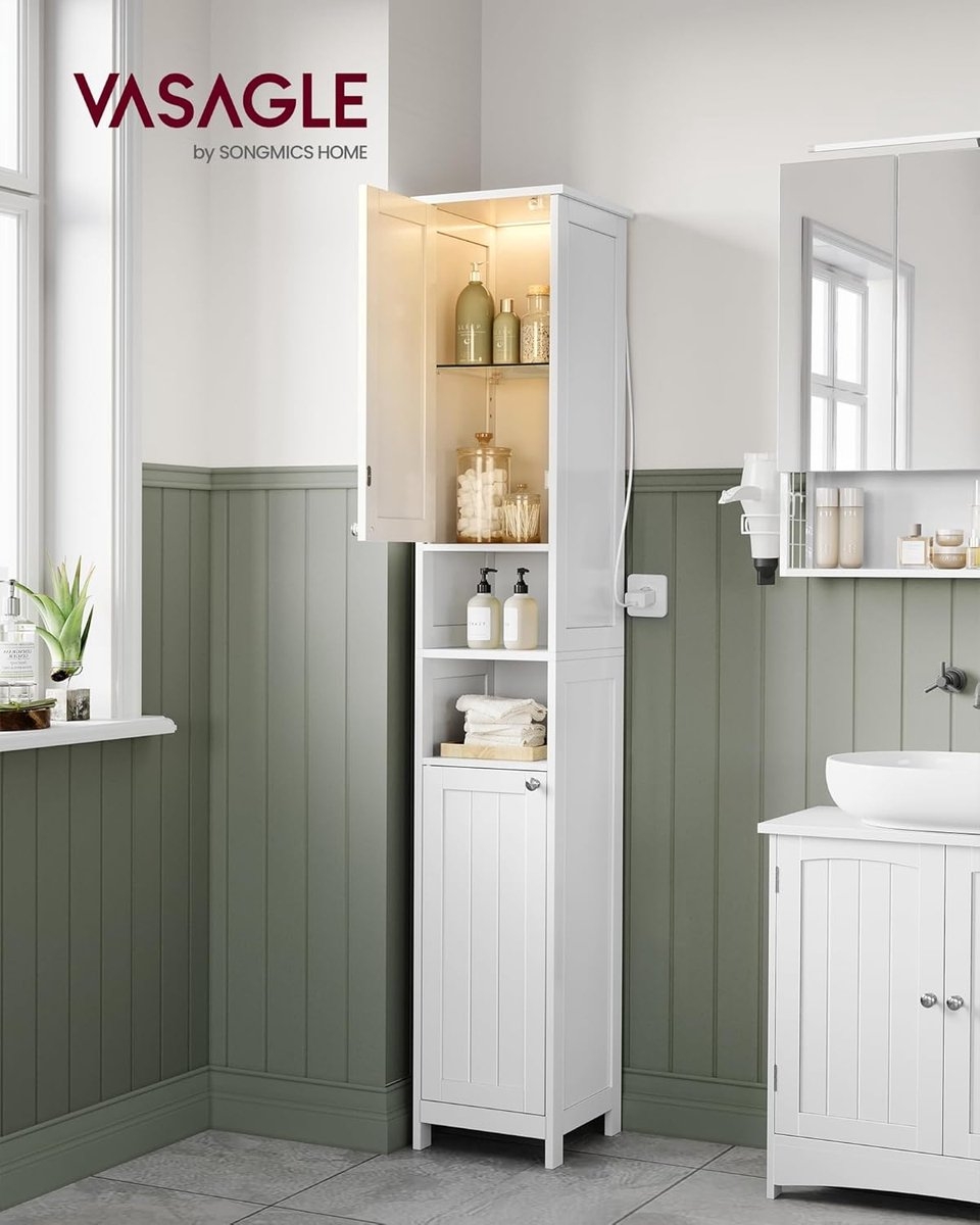 Badkamerkast met LED verlichting - hoogte 170 cm - opbergkast met verstelbare planken -wit - BBC566W03 - Afbeelding 5