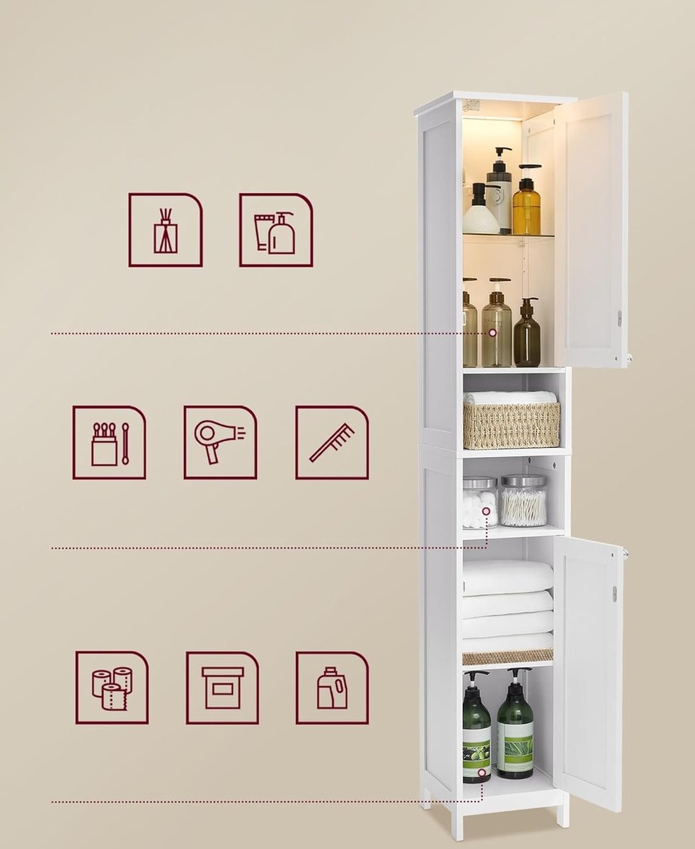 Badkamerkast met LED verlichting - hoogte 170 cm - opbergkast met verstelbare planken -wit - BBC566W03 - Afbeelding 6