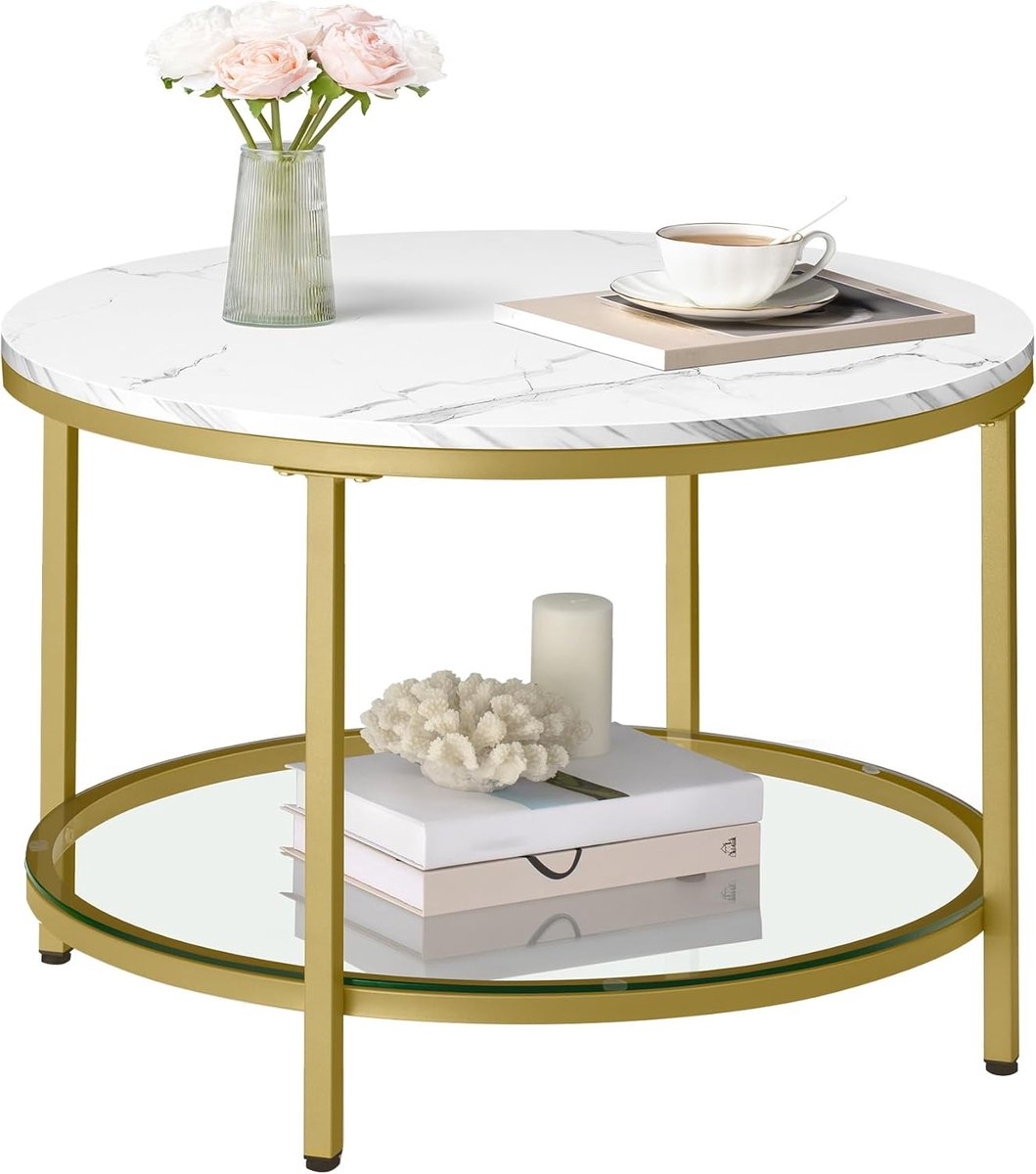 Ronde Salontafel – marmerlook - Ø diameter 80 cm × 46 cm – metallic goud frame – model LCT071W59