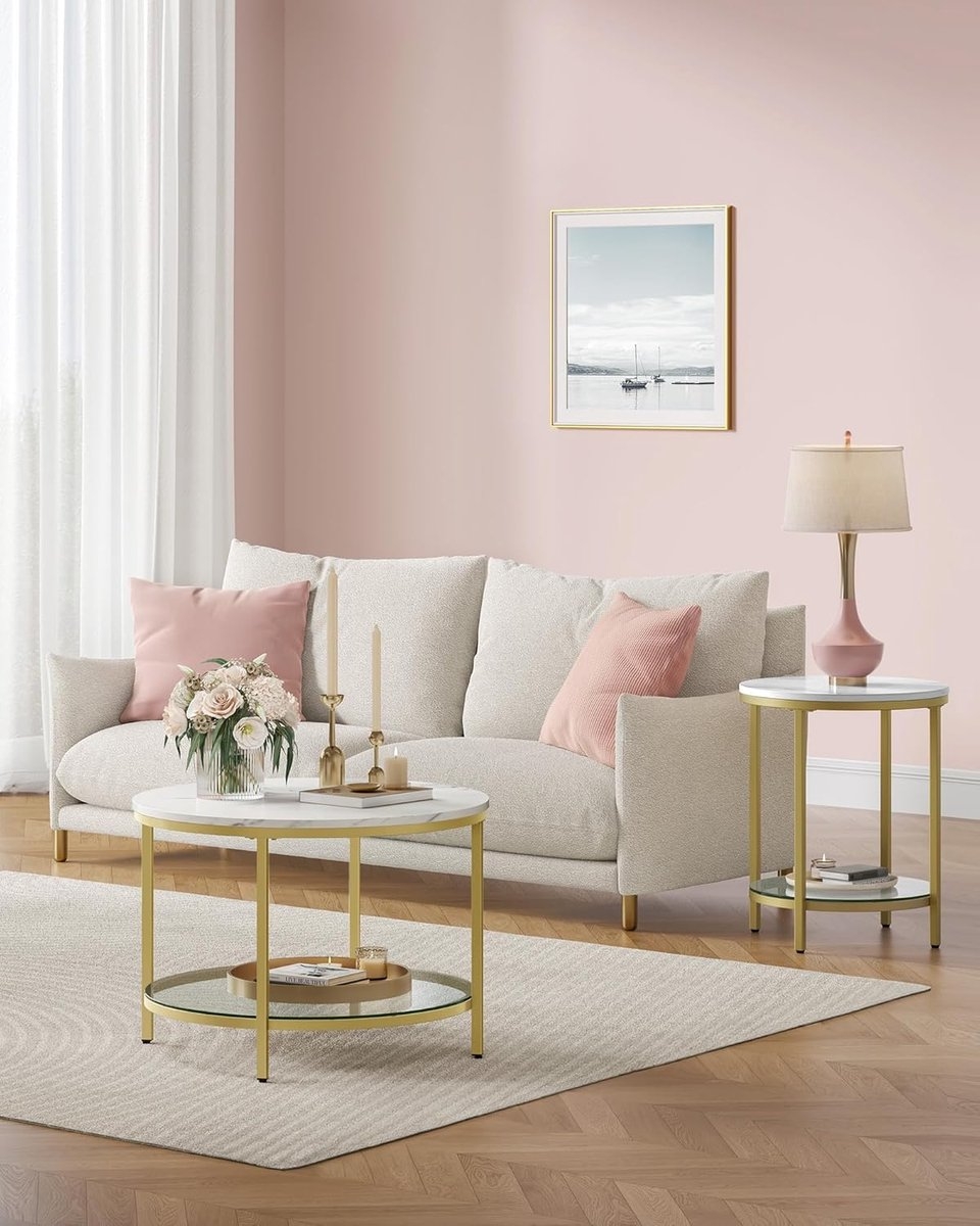 Ronde Salontafel – marmerlook - Ø diameter 80 cm × 46 cm – metallic goud frame – model LCT071W59 - Afbeelding 2