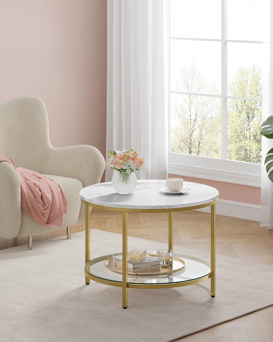 Ronde Salontafel – marmerlook - Ø diameter 80 cm × 46 cm – metallic goud frame – model LCT071W59 - Afbeelding 3