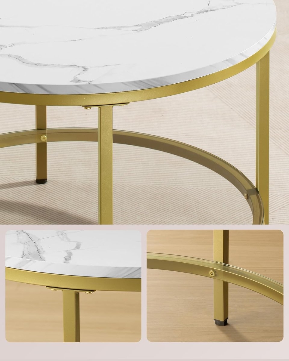 Ronde Salontafel – marmerlook - Ø diameter 80 cm × 46 cm – metallic goud frame – model LCT071W59 - Afbeelding 4