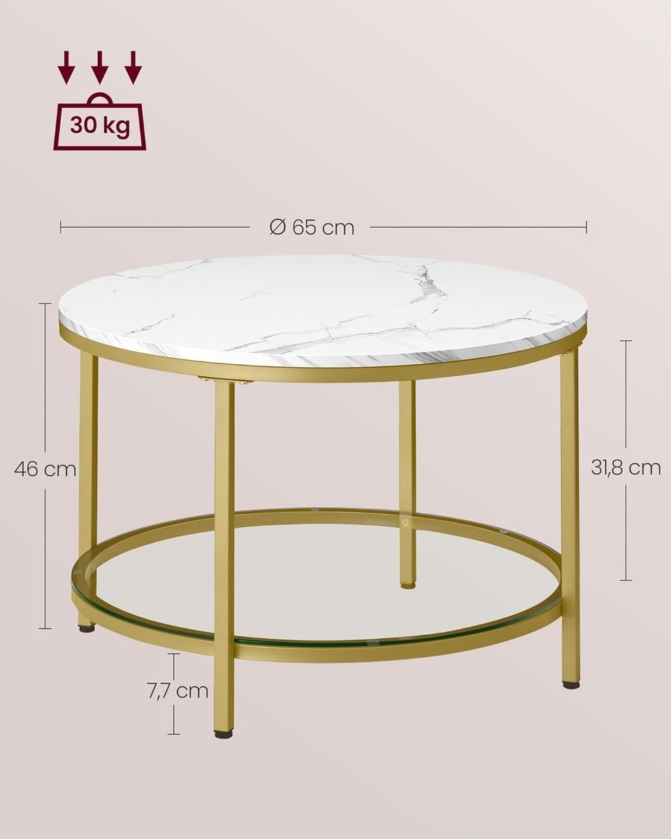 Ronde Salontafel – marmerlook - Ø diameter 80 cm × 46 cm – metallic goud frame – model LCT071W59 - Afbeelding 5