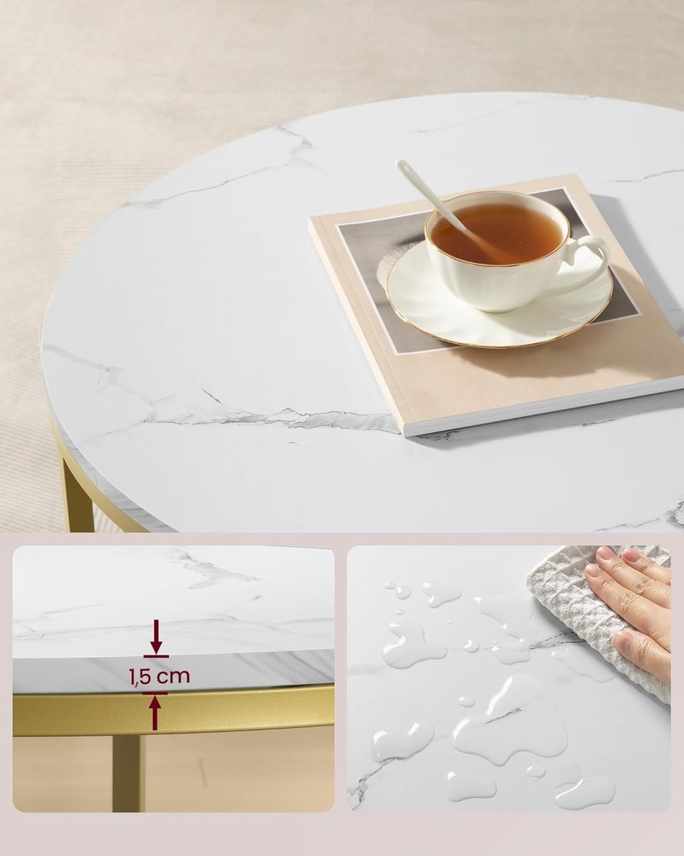 Ronde Salontafel – marmerlook - Ø diameter 80 cm × 46 cm – metallic goud frame – model LCT071W59 - Afbeelding 6