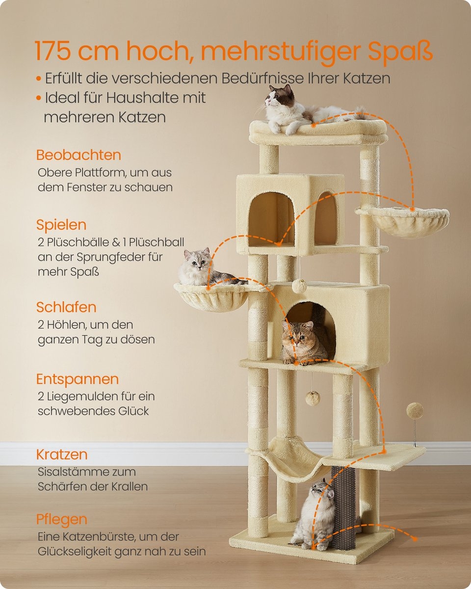 Feandrea Krabpaal met kattenbak, 2-in-1 kattenboom, verborgen kattentoilet, met sisalstammen, afneembare pluche ballen, Greige PCT113G01