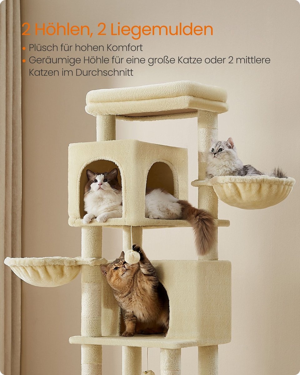 Feandrea grote krabpaal, 175 cm hoog, XL, kattenboom met meerdere verdiepingen met 2 grotten, 2 ligstoelen, 5 krabpalen, kattenborstel, groot platform, zandbeige PCT182Y01