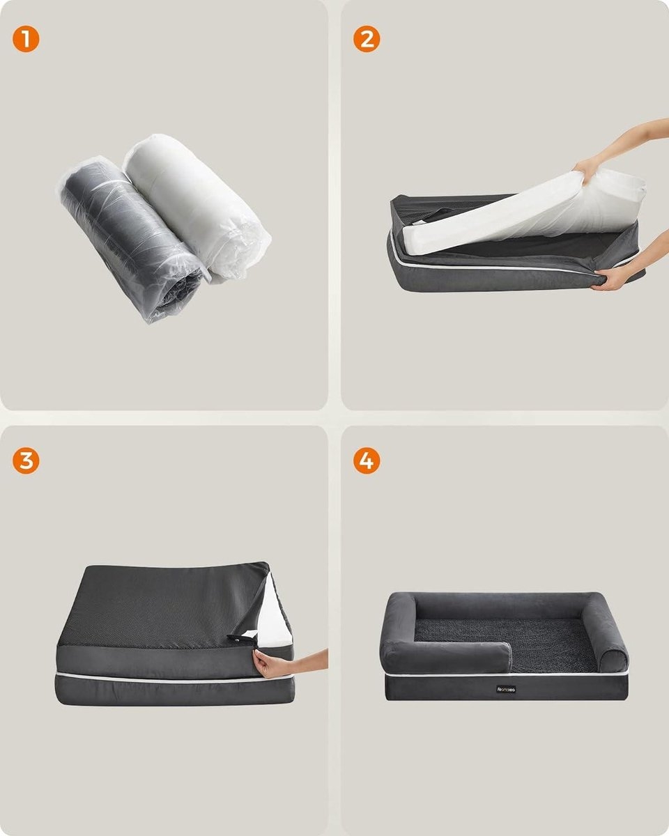 Orthopedisch hondenbed met verhoogde randen - 91x71x25 cm - zacht gevoerd - grijs - PGW076G01 - Afbeelding 7